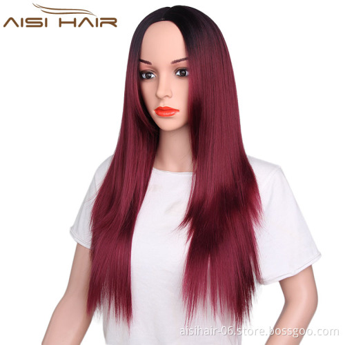 Aisi Hair New Arrivals Long Straight Wigs Heat Resistant Synthetic Ombre Wine Red Wigs For Black Women